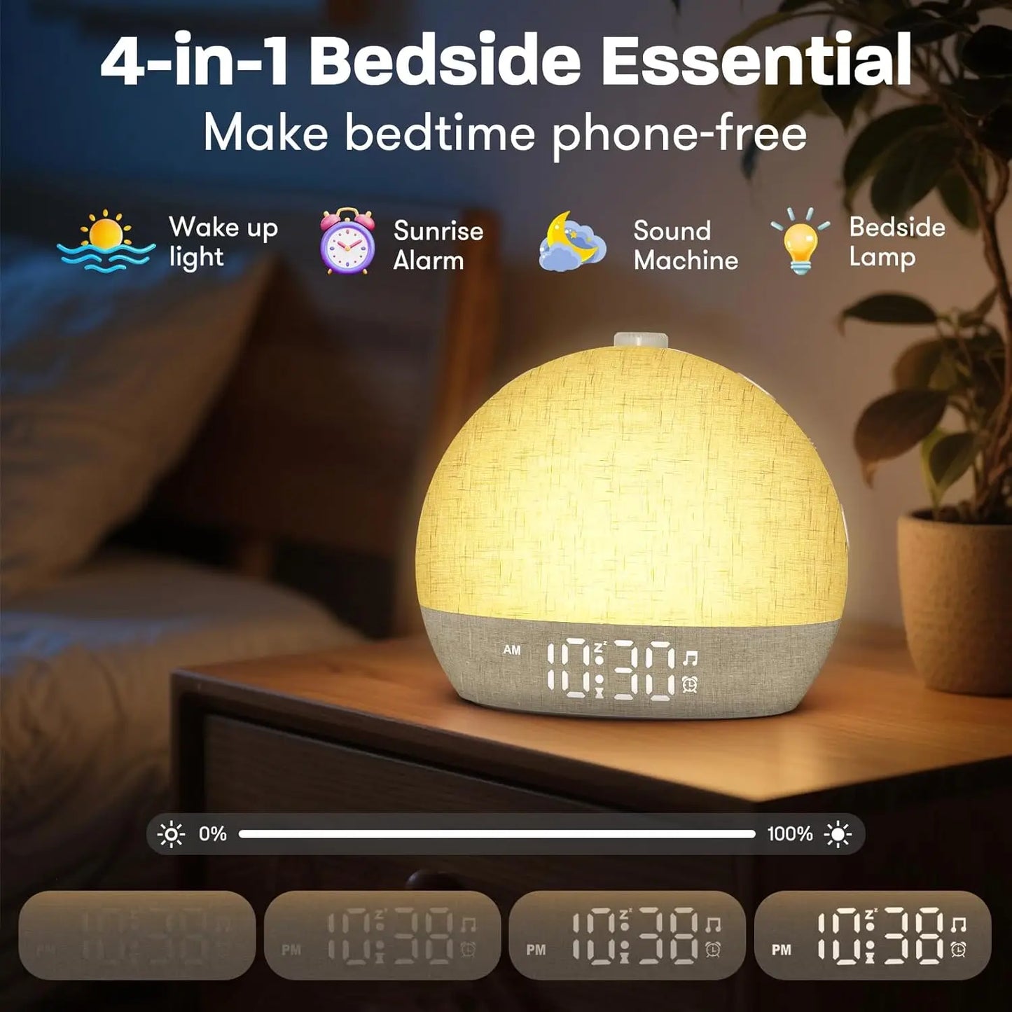 Awaken naturally with this Sunrise Wake Up Light Alarm Clock. Featuring 30 white noise sounds, RGB night lights, and snooze for serene sleep aid and refreshed mornings.