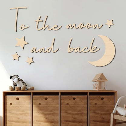 Envelop your spaces in celestial poetry with these Boho Style Wooden Wall Stickers. "To The Moon and Back" adorned with moon and stars infuses timeless bohemian elegance into bedrooms or living rooms.