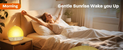 Awaken naturally with this Sunrise Wake Up Light Alarm Clock. Featuring 30 white noise sounds, RGB night lights, and snooze for serene sleep aid and refreshed mornings.