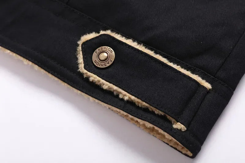 Conquer the cold in style with this New Winter Men's Bomber Plush Jacket – a high-quality thick wool cargo masterpiece featuring plush lapel collar and button-up front for unbeatable warmth. Designed for autumn and winter outwear.