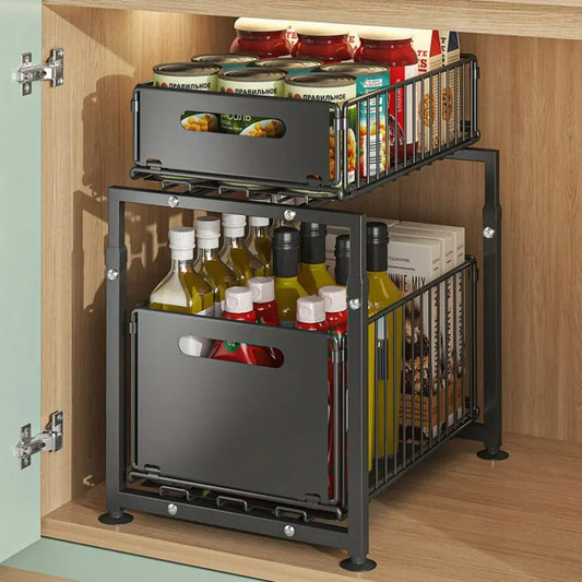Transform clutter into culinary elegance with this premium Kitchen Sink Storage Rack. Double-layer pull-out basket design masterfully organizes spices, cans, bottles, and more.
