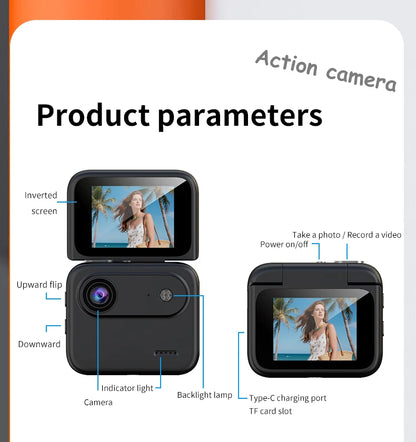 Capture epic adventures with the Mini Sports Camera 4K Ultra Vlog – flip clear screen, anti-shake tech, and 143° wide-angle lens for stunning student travel footage.