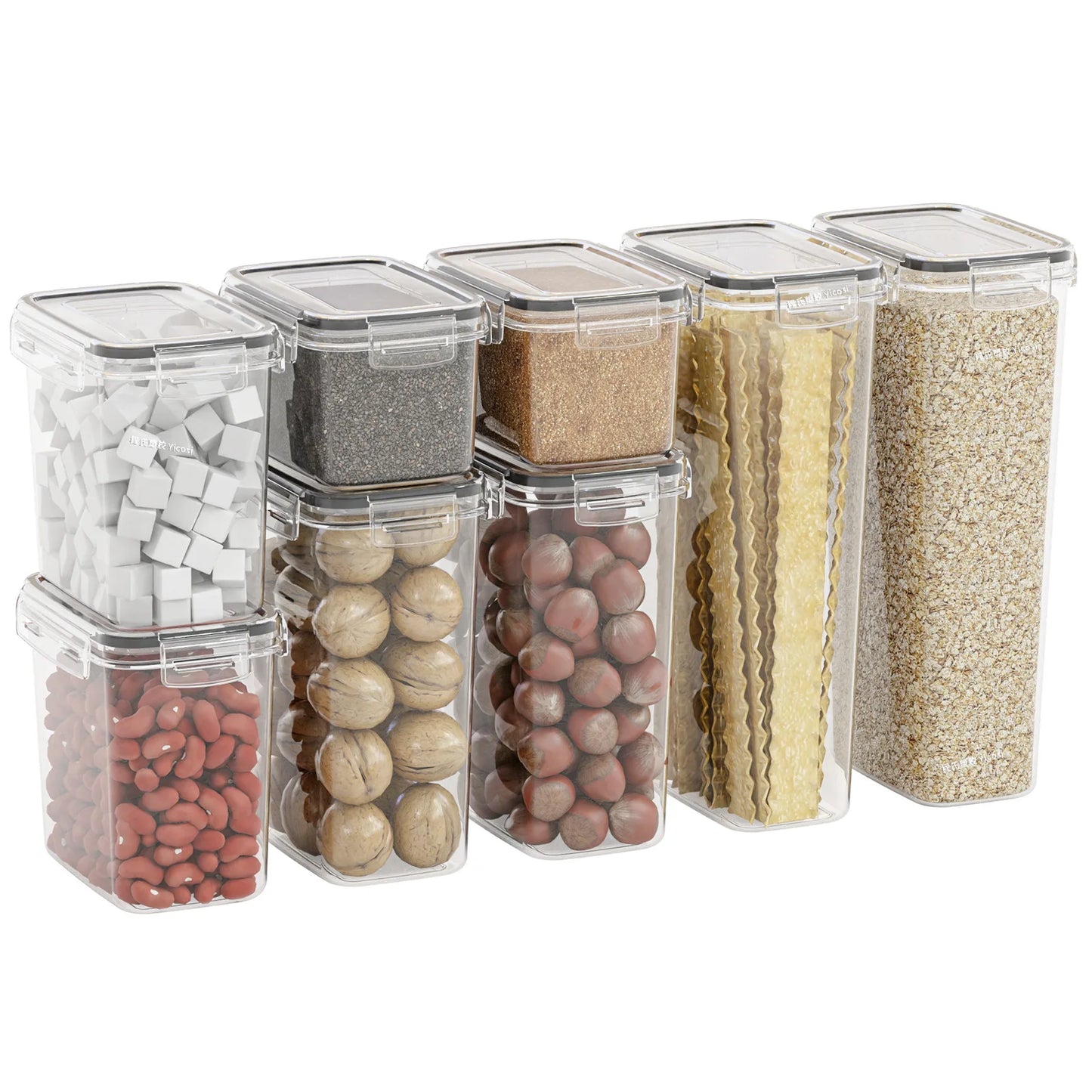 Refine your pantry with this opulent 8/16/24-Pc Kitchen Sealed Dry Food Storage Box Set. Airtight PP containers preserve sugar, flour, and baking essentials, complete with chic labeling stickers.