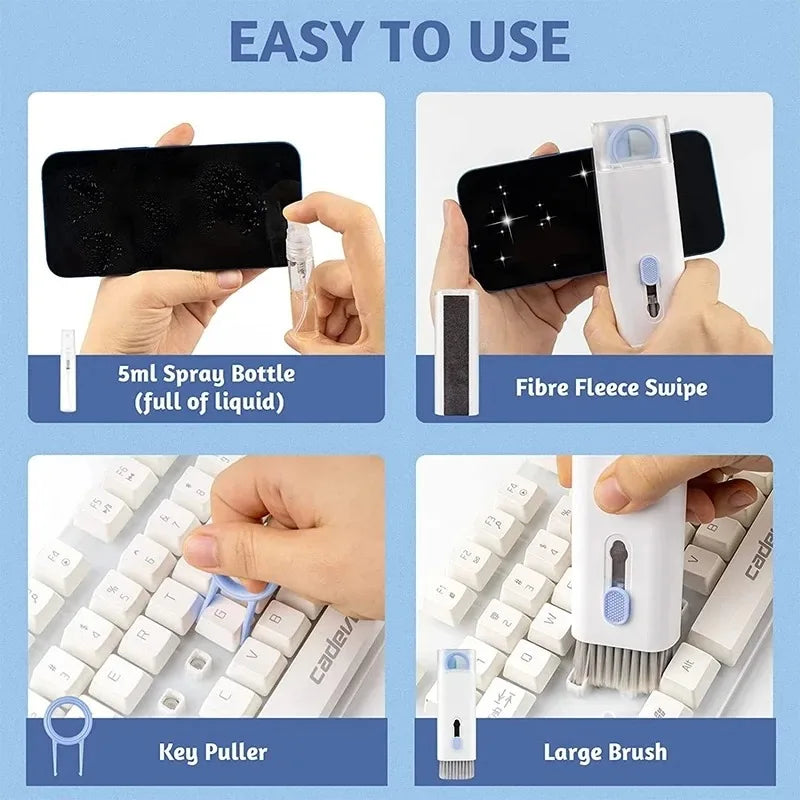 Keep your gear spotless with the 7-in-1 Computer Keyboard Cleaner Brush Kit – includes earphone tools, cleaning pen, keycap puller for effortless maintenance.