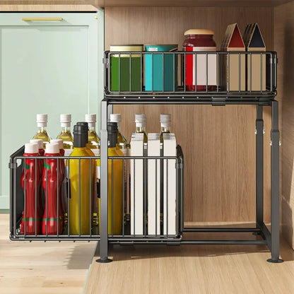 Transform clutter into culinary elegance with this premium Kitchen Sink Storage Rack. Double-layer pull-out basket design masterfully organizes spices, cans, bottles, and more.