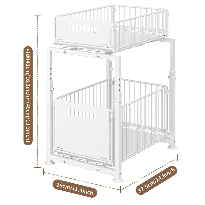 Transform clutter into culinary elegance with this premium Kitchen Sink Storage Rack. Double-layer pull-out basket design masterfully organizes spices, cans, bottles, and more.