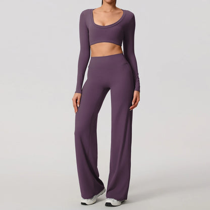Elevate your workout style with the Hearursavy Sports Set 2 Pcs featuring a women's long sleeve backless top and straight leg wide leg pants, perfect for fitted fitness, yoga, or pilates.