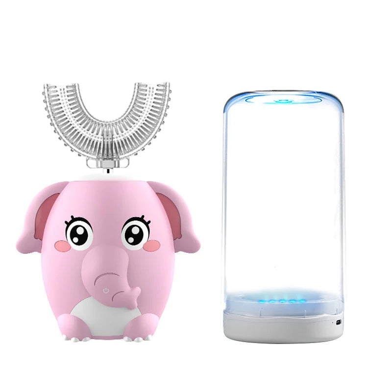 Children's U-shaped sonic toothbrush with blue light disinfection that makes brushing fun and fast for kids aged 2-15.