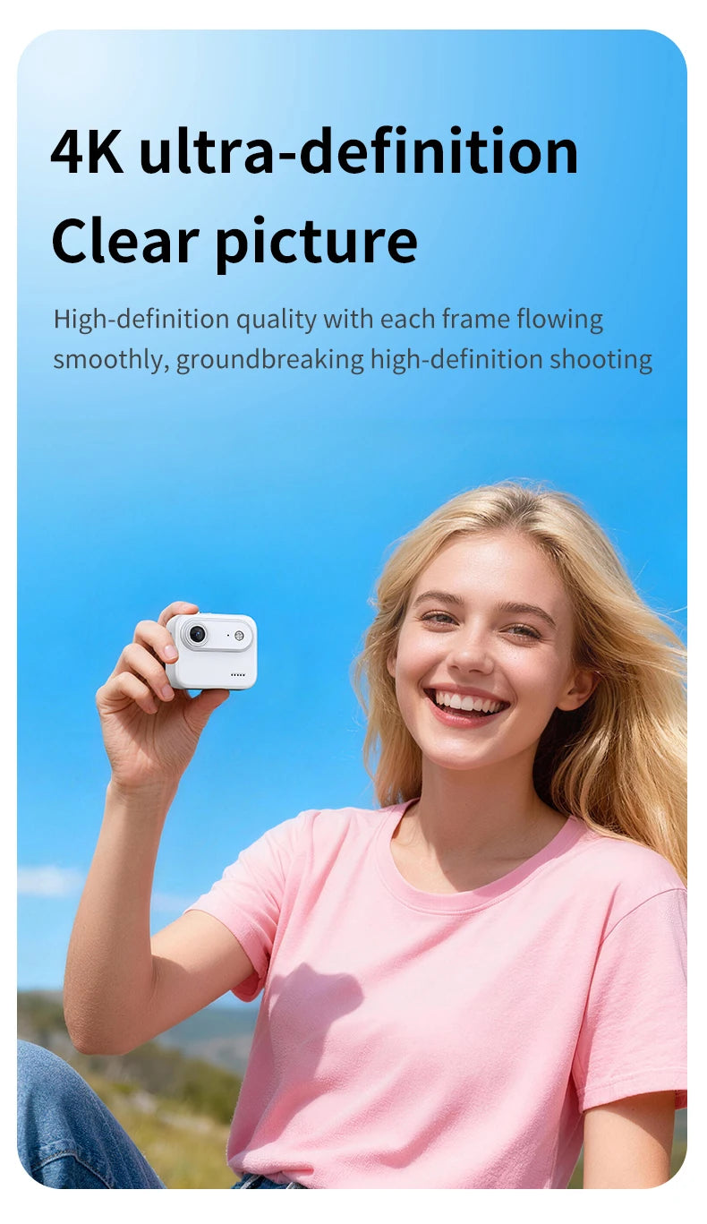 Capture epic adventures with the Mini Sports Camera 4K Ultra Vlog – flip clear screen, anti-shake tech, and 143° wide-angle lens for stunning student travel footage.