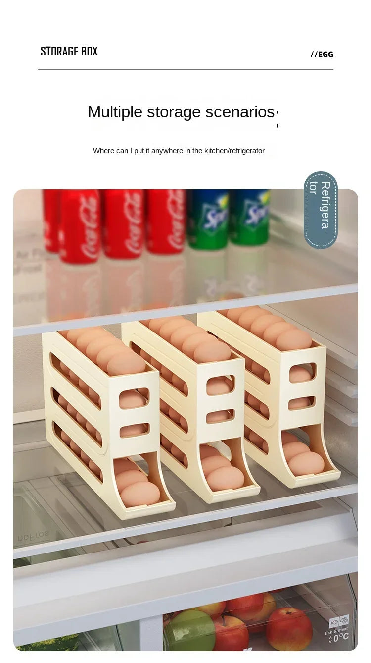 Revolutionize fridge elegance with this 4-Layer Automatic Rolling Egg Storage Box. Gravity-fed dispenser holds 30 eggs, dispensing freshest first for effortless kitchen opulence.