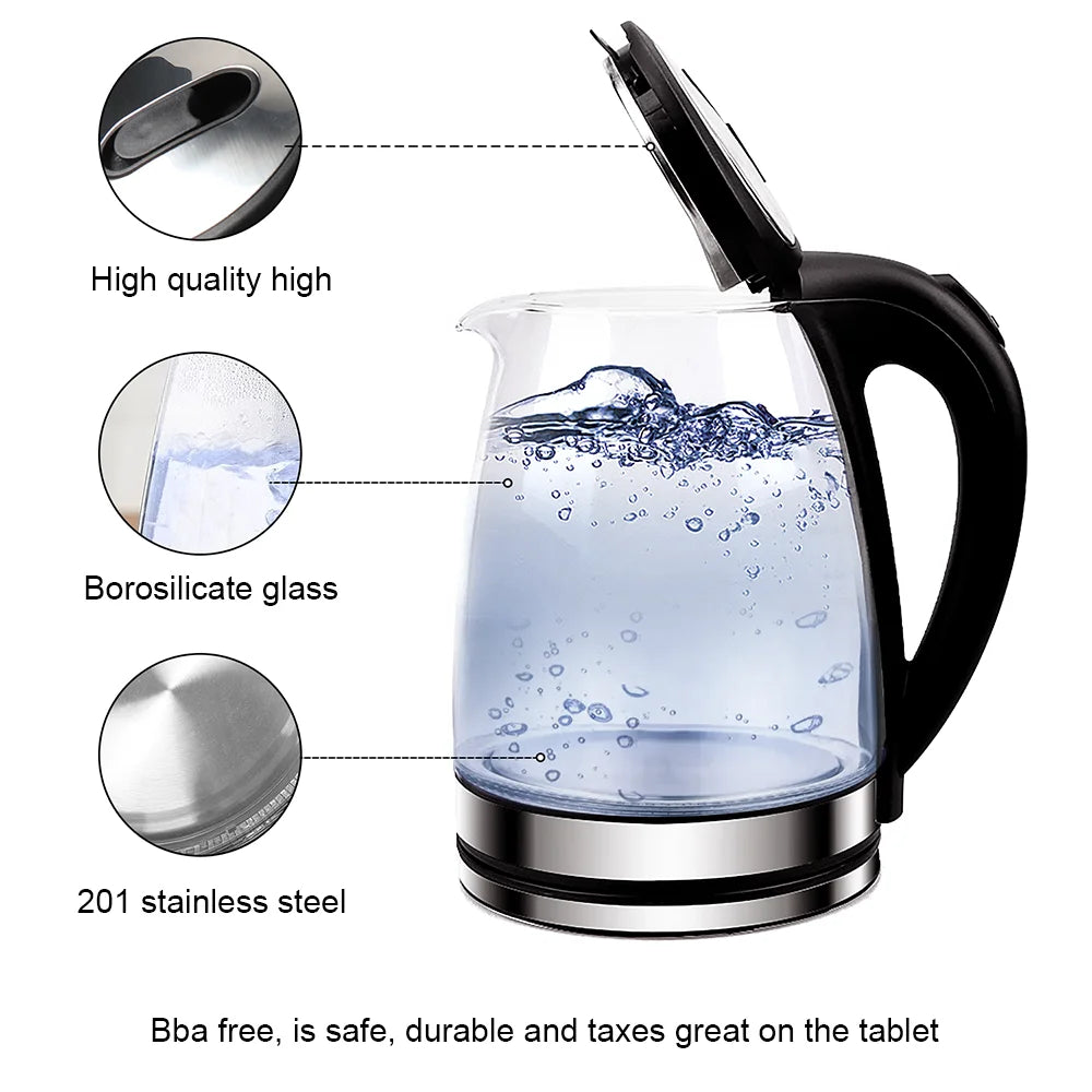 Brew perfection fast with this 220V 1.8L Electric Glass Kettle your home kitchen's 1500-1800W water boiler with dry boil protection. Borosilicate glass offers crystal-clear visibility and rapid boiling for tea, coffee, or instant meals.