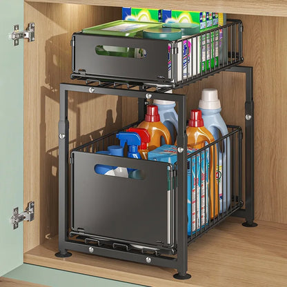 Transform clutter into culinary elegance with this premium Kitchen Sink Storage Rack. Double-layer pull-out basket design masterfully organizes spices, cans, bottles, and more.