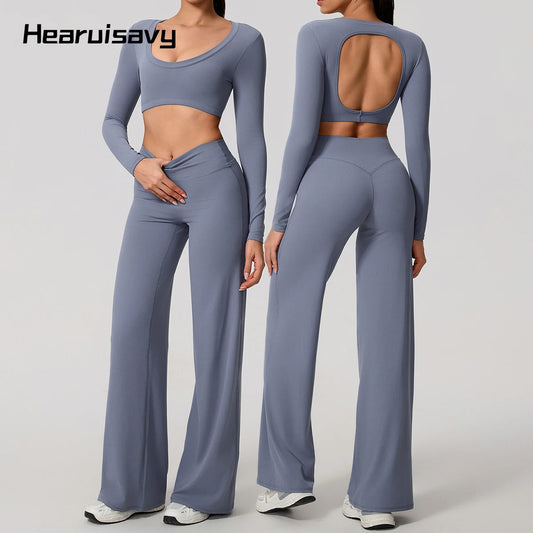 Elevate your workout style with the Hearursavy Sports Set 2 Pcs featuring a women's long sleeve backless top and straight leg wide leg pants, perfect for fitted fitness, yoga, or pilates.