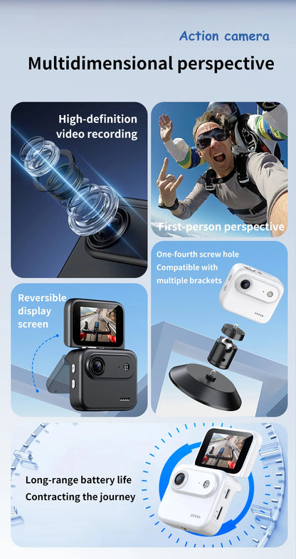 Capture epic adventures with the Mini Sports Camera 4K Ultra Vlog – flip clear screen, anti-shake tech, and 143° wide-angle lens for stunning student travel footage.