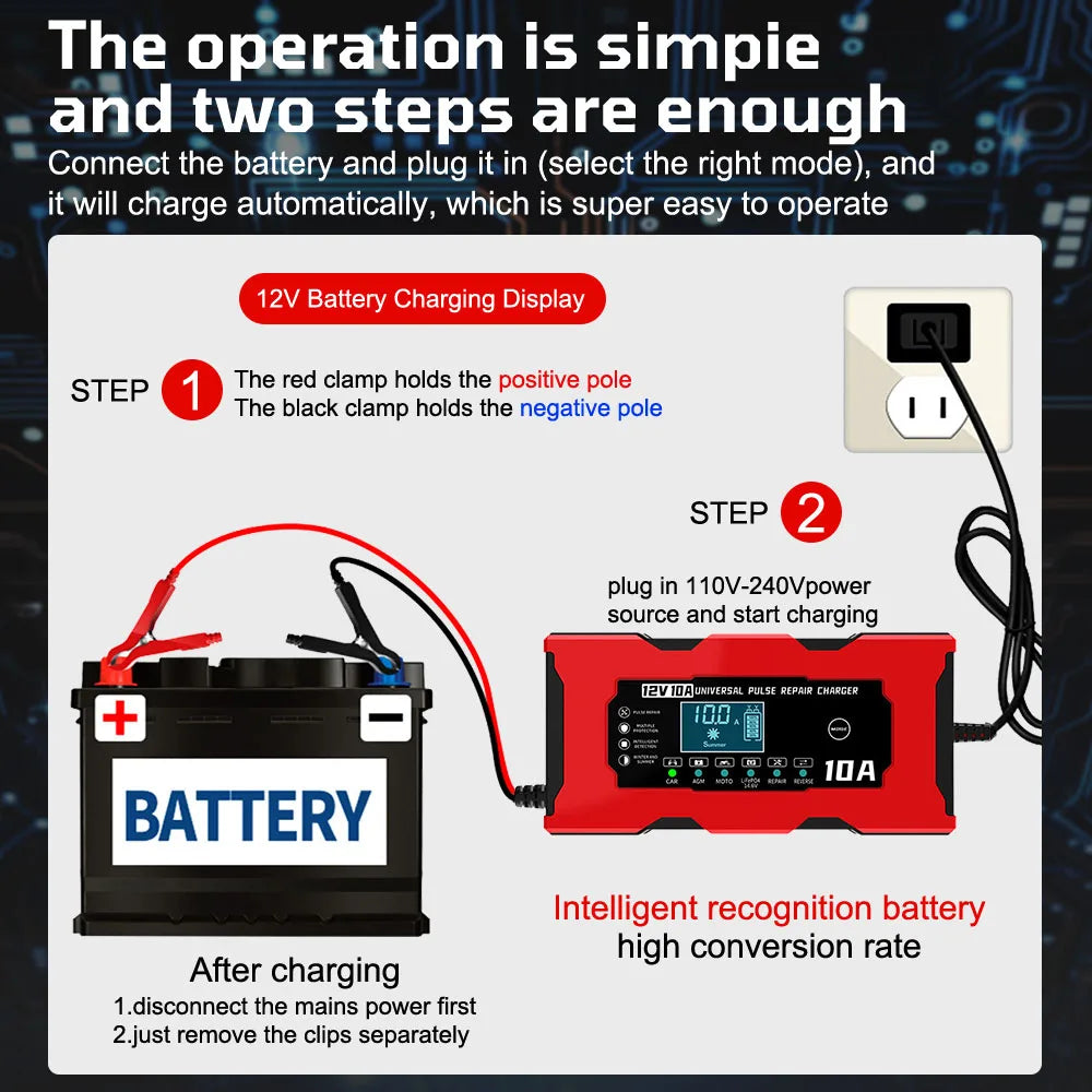 Revive Your Car Battery with 12V 10A Pulse Repair Charger!