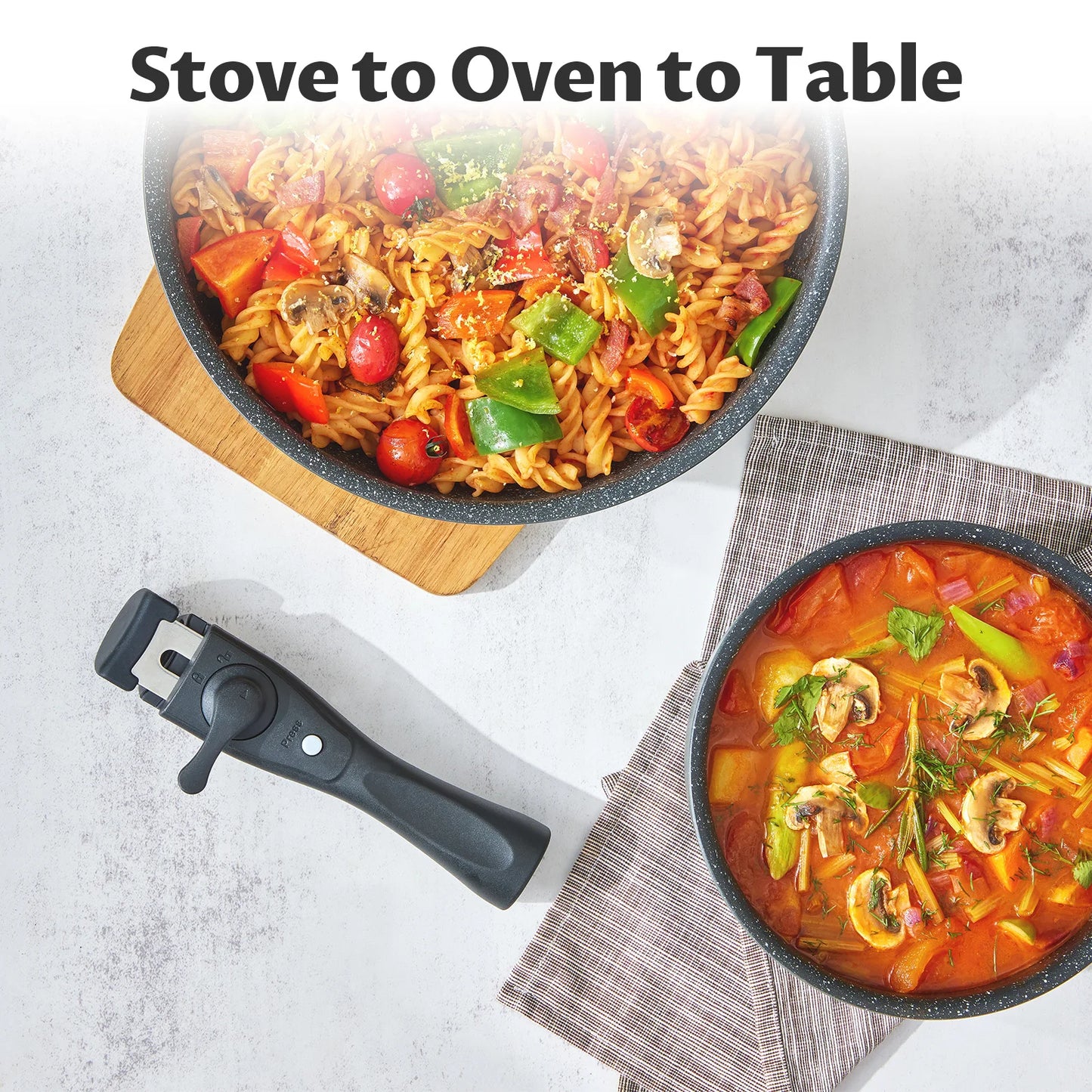 Revolutionize your kitchen with this exquisite 13-Piece Induction Cookware Set. Nonstick pots and pans feature removable handles, stackable design, and all-hob versatility for ultimate elegance.