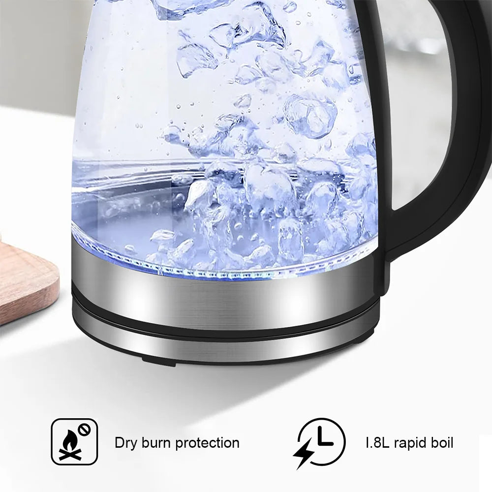 Brew perfection fast with this 220V 1.8L Electric Glass Kettle your home kitchen's 1500-1800W water boiler with dry boil protection. Borosilicate glass offers crystal-clear visibility and rapid boiling for tea, coffee, or instant meals.