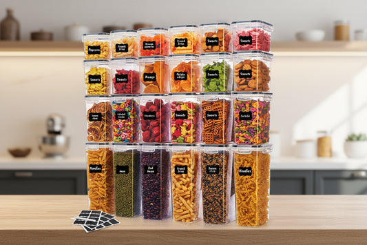 Refine your pantry with this opulent 8/16/24-Pc Kitchen Sealed Dry Food Storage Box Set. Airtight PP containers preserve sugar, flour, and baking essentials, complete with chic labeling stickers.