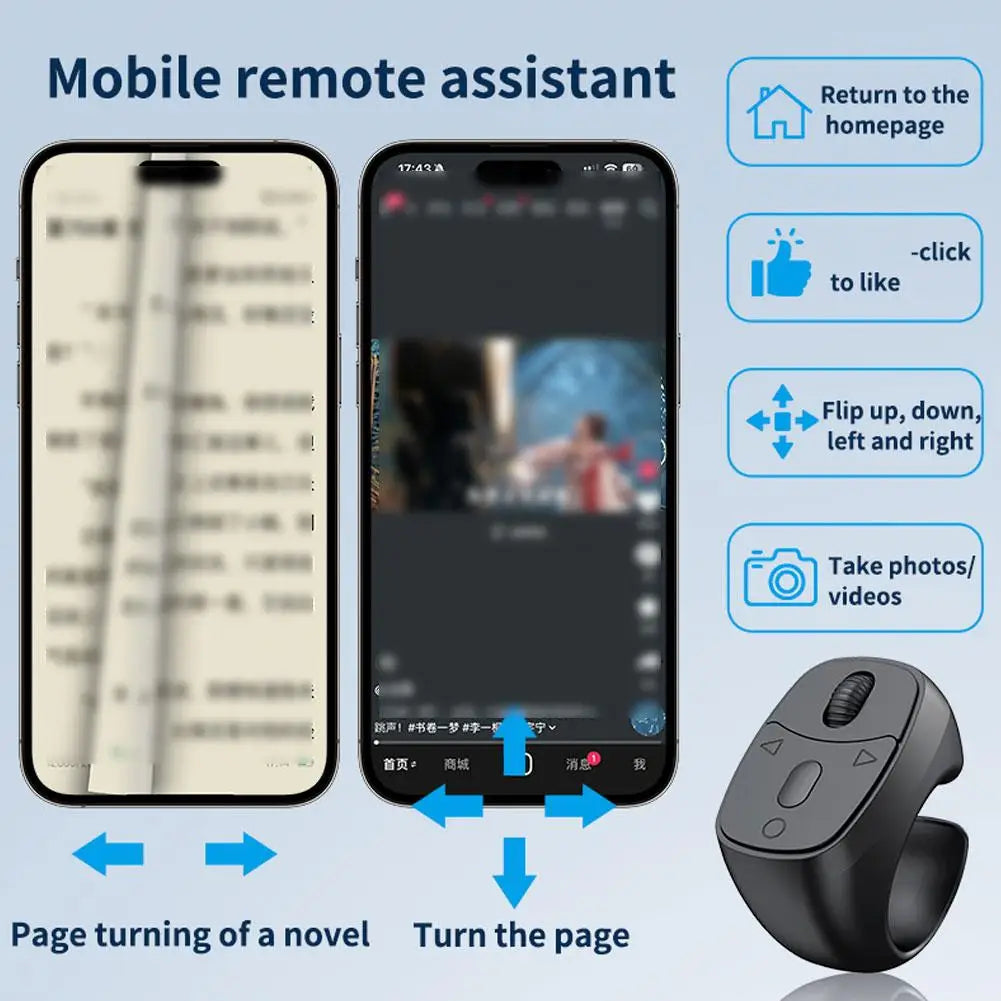 Master hands-free scrolling with the Mini Wireless Bluetooth Page Turner Finger Ring – effortless page turning for Kindle, TikTok, iPhone, Android, and more.