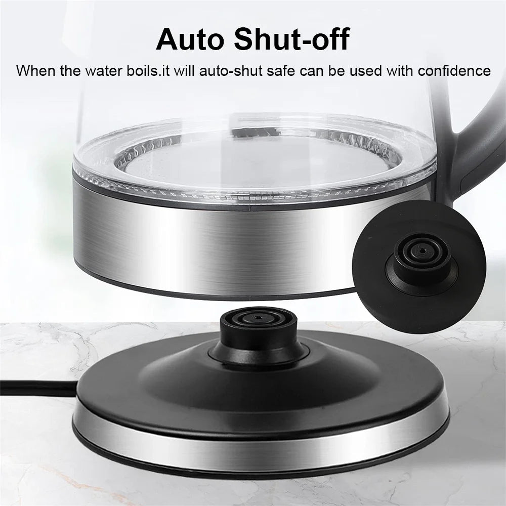 Brew perfection fast with this 220V 1.8L Electric Glass Kettle your home kitchen's 1500-1800W water boiler with dry boil protection. Borosilicate glass offers crystal-clear visibility and rapid boiling for tea, coffee, or instant meals.