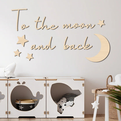Envelop your spaces in celestial poetry with these Boho Style Wooden Wall Stickers. "To The Moon and Back" adorned with moon and stars infuses timeless bohemian elegance into bedrooms or living rooms.