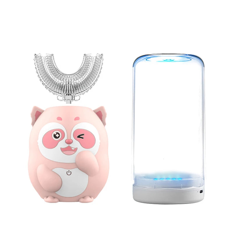 Children's U-shaped sonic toothbrush with blue light disinfection that makes brushing fun and fast for kids aged 2-15.