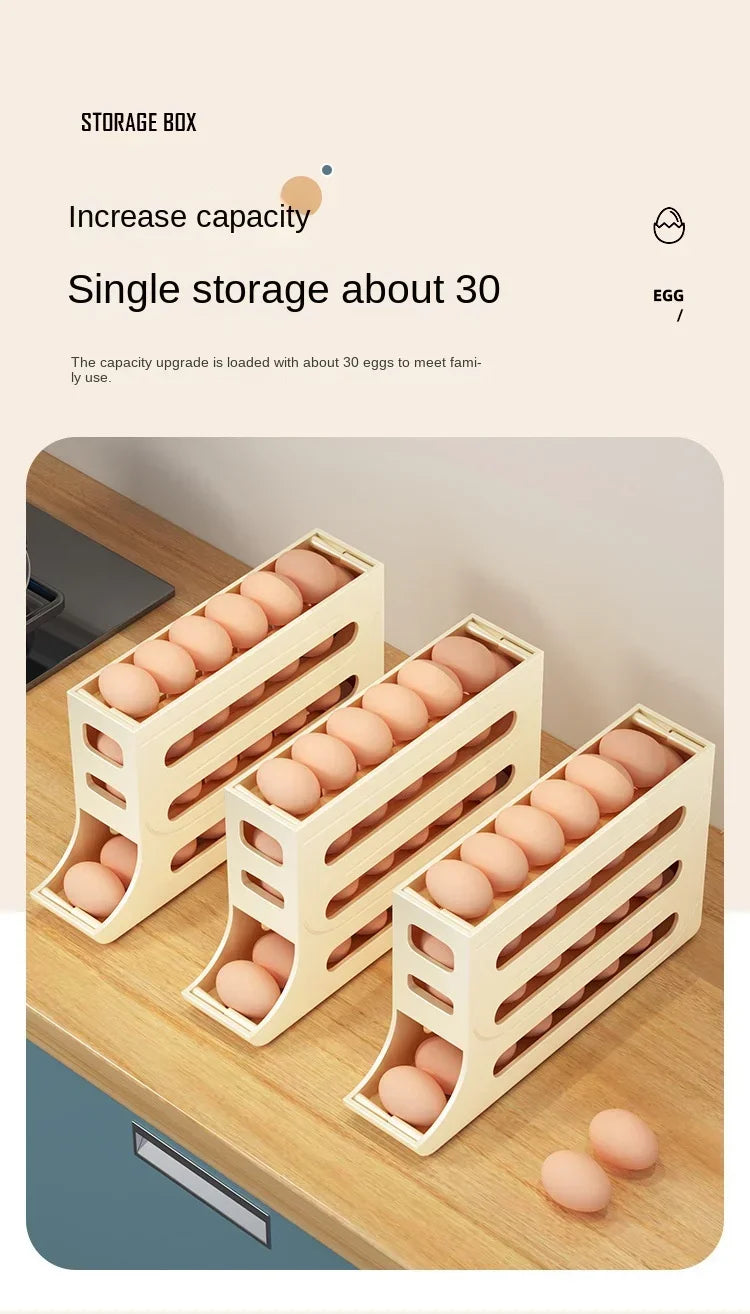 Revolutionize fridge elegance with this 4-Layer Automatic Rolling Egg Storage Box. Gravity-fed dispenser holds 30 eggs, dispensing freshest first for effortless kitchen opulence.