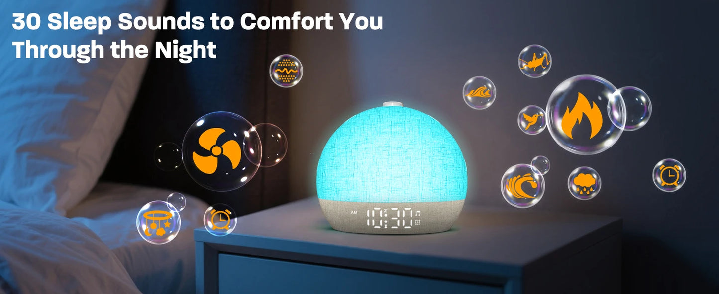 Awaken naturally with this Sunrise Wake Up Light Alarm Clock. Featuring 30 white noise sounds, RGB night lights, and snooze for serene sleep aid and refreshed mornings.