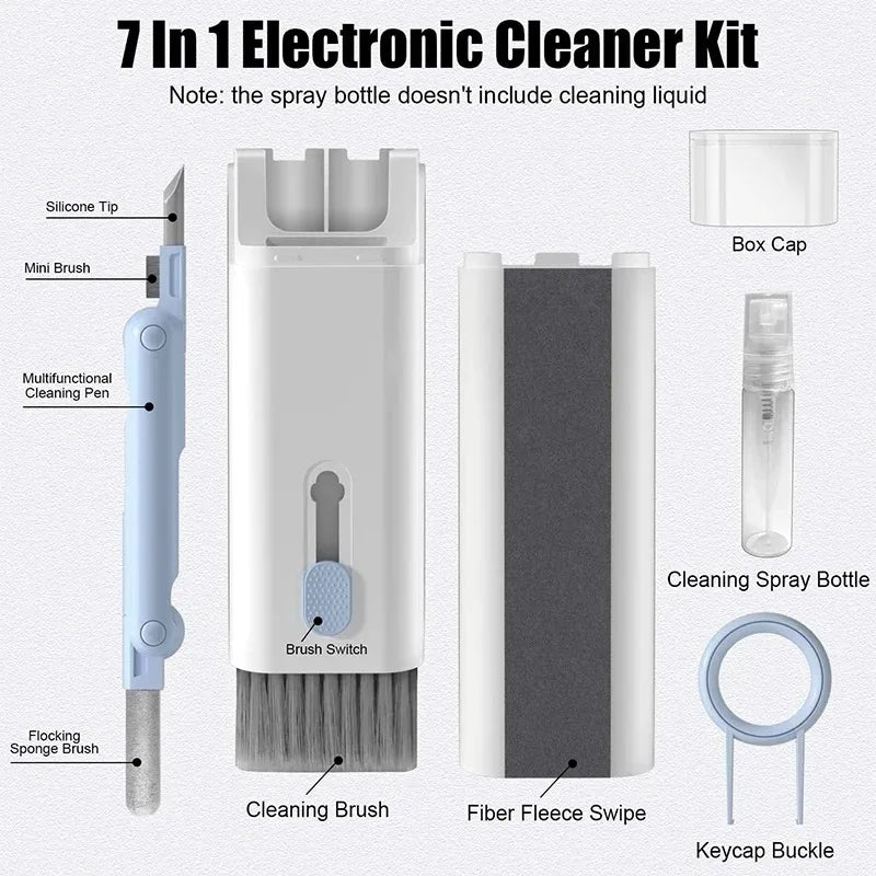 Keep your gear spotless with the 7-in-1 Computer Keyboard Cleaner Brush Kit – includes earphone tools, cleaning pen, keycap puller for effortless maintenance.